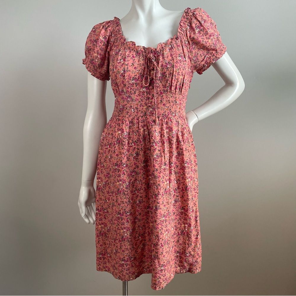 J. CREW Pink Floral Print Puff Sleeve Peasant Dress Tall Length